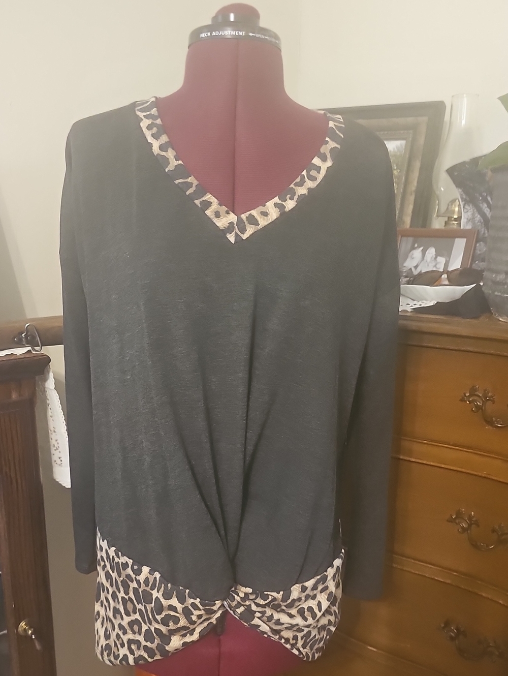 HEIMISH USA Gray Long-Sleeve V-Neck Top with Leopard Trim